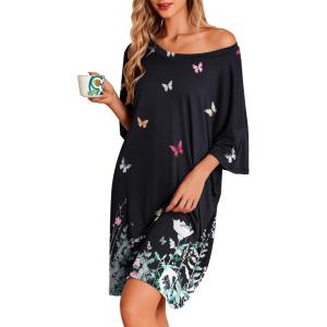 Ekouaer Plus Size Nightgowns for Women Oversized Sleep Shirt Short Sleeve Nightshirt T-Shirt Dress Sleepwear S-5XL(Black Butterfly)