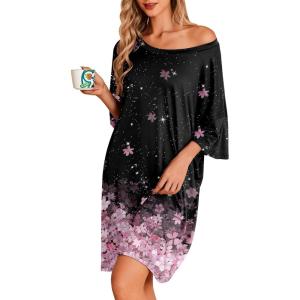 Ekouaer Plus Size Nightgowns for Women Oversized Sleep Shirt Short Sleeve Nightshirt T-Shirt Dress Sleepwear S-5XL(Black Flower)