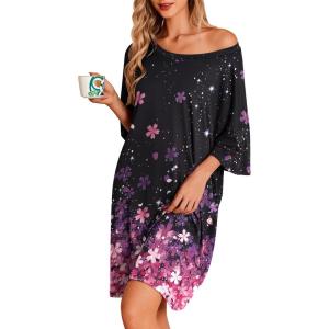 Ekouaer Plus Size Nightgowns for Women Oversized Sleep Shirt Short Sleeve Nightshirt T-Shirt Dress Sleepwear S-5XL(Black Sakura)