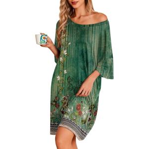 Ekouaer Plus Size Nightgowns for Women Oversized Sleep Shirt Short Sleeve Nightshirt T-Shirt Dress Sleepwear S-5XL(Green Flower)