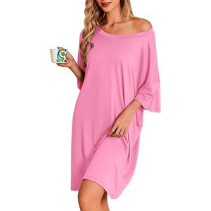 Ekouaer Plus Size Nightgowns for Women Oversized Sleep Shirt Short Sleeve Nightshirt T-Shirt Dress Sleepwear S-5XL(Pink)