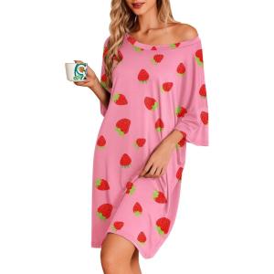 Ekouaer Plus Size Nightgowns for Women Oversized Sleep Shirt Short Sleeve Nightshirt T-Shirt Dress Sleepwear S-5XL(Pink Strawberry)