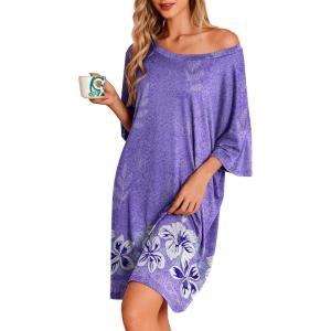 Ekouaer Plus Size Nightgowns for Women Oversized Sleep Shirt Short Sleeve Nightshirt T-Shirt Dress Sleepwear S-5XL(Purple Flower)
