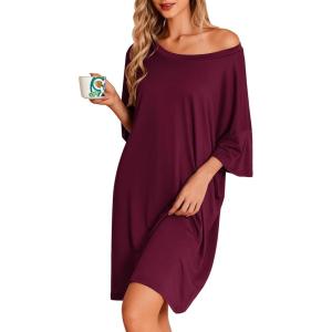 Ekouaer Plus Size Nightgowns for Women Oversized Sleep Shirt Short Sleeve Nightshirt T-Shirt Dress Sleepwear S-5XL(Wine Red)