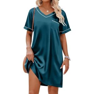 Ekouaer Satin Nightgowns for Women Silk Sleep Shirt Silky Loose Sleepwear V Neck Nightshirt Short Sleeve Pajamas(Blue)