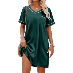 Ekouaer Satin Nightgowns for Women Silk Sleep Shirt Silky Loose Sleepwear V Neck Nightshirt Short Sleeve Pajamas(Green)