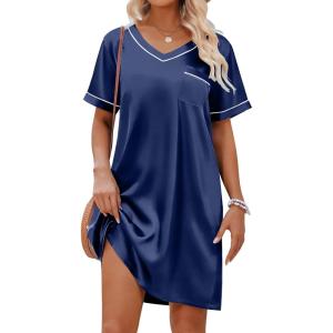 Ekouaer Satin Nightgowns for Women Silk Sleep Shirt Silky Loose Sleepwear V Neck Nightshirt Short Sleeve Pajamas(Navy Blue)