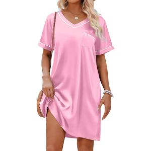 Ekouaer Satin Nightgowns for Women Silk Sleep Shirt Silky Loose Sleepwear V Neck Nightshirt Short Sleeve Pajamas(Pink)