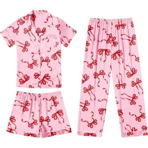 Ekouaer Silk Pajamas for Women Set Satin Pjs Soft Short Sleeve Button Down Sleepwear 3 Piece Loungewear S-XXL(Bow)