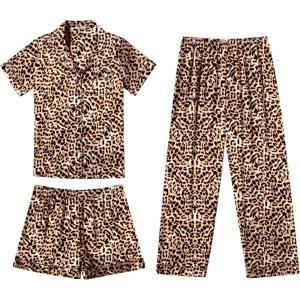 Ekouaer Silk Pajamas for Women Set Satin Pjs Soft Short Sleeve Button Down Sleepwear 3 Piece Loungewear S-XXL(Leopard)