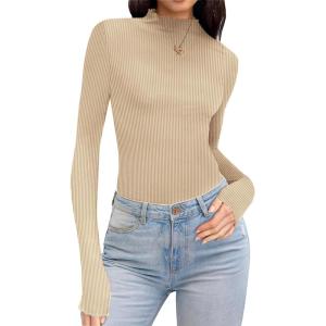Ekouaer Thermal Turtleneck Shirt Women Ribbed Long Sleeve Mock Neck Tops Slim Fit Lettuce Trim Base Layer(Beige)