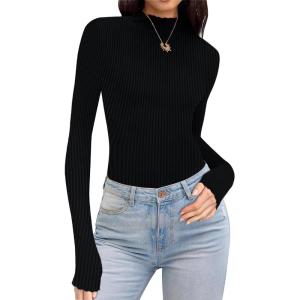 Ekouaer Thermal Turtleneck Shirt Women Ribbed Long Sleeve Mock Neck Tops Slim Fit Lettuce Trim Base Layer(Black)