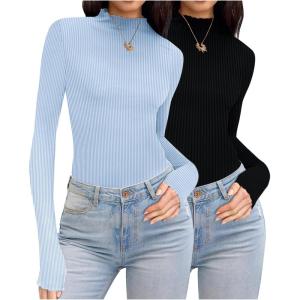 Ekouaer Thermal Turtleneck Shirt Women Ribbed Long Sleeve Mock Neck Tops Slim Fit Lettuce Trim Base Layer(Black/Blue)