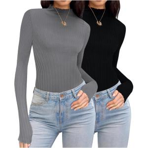 Ekouaer Thermal Turtleneck Shirt Women Ribbed Long Sleeve Mock Neck Tops Slim Fit Lettuce Trim Base Layer(Black/Grey)