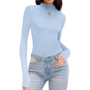 Ekouaer Thermal Turtleneck Shirt Women Ribbed Long Sleeve Mock Neck Tops Slim Fit Lettuce Trim Base Layer(Blue)