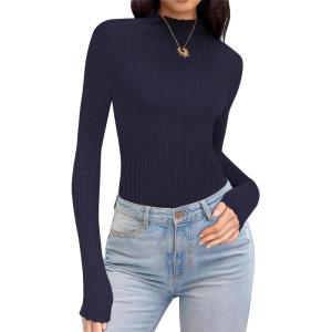 Ekouaer Thermal Turtleneck Shirt Women Ribbed Long Sleeve Mock Neck Tops Slim Fit Lettuce Trim Base Layer(Blue Purple)