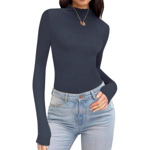 Ekouaer Thermal Turtleneck Shirt Women Ribbed Long Sleeve Mock Neck Tops Slim Fit Lettuce Trim Base Layer(Deep Grey)