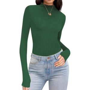 Ekouaer Thermal Turtleneck Shirt Women Ribbed Long Sleeve Mock Neck Tops Slim Fit Lettuce Trim Base Layer(Green)