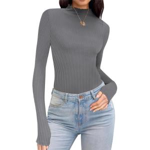Ekouaer Thermal Turtleneck Shirt Women Ribbed Long Sleeve Mock Neck Tops Slim Fit Lettuce Trim Base Layer(Grey)