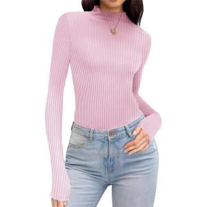 Ekouaer Thermal Turtleneck Shirt Women Ribbed Long Sleeve Mock Neck Tops Slim Fit Lettuce Trim Base Layer(Pink)