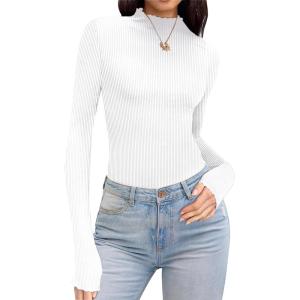 Ekouaer Thermal Turtleneck Shirt Women Ribbed Long Sleeve Mock Neck Tops Slim Fit Lettuce Trim Base Layer(White)