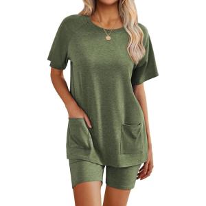 Ekouaer Two Piece Sets for Women Summer Outfits 2026 Lounge Set Crew Neck Tshirts Biker Short Sweatsuit with Pocket(Army Green)