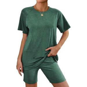 Ekouaer Two Piece Sets for Women Summer Outfits 2026 Lounge Set Crew Neck Tshirts Biker Short Sweatsuit with Pocket(Bright Green)