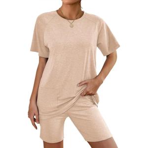 Ekouaer Two Piece Sets for Women Summer Outfits 2026 Lounge Set Crew Neck Tshirts Biker Short Sweatsuit with Pocket(Champagne)