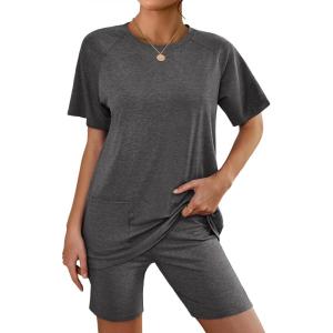 Ekouaer Two Piece Sets for Women Summer Outfits 2026 Lounge Set Crew Neck Tshirts Biker Short Sweatsuit with Pocket(Dark Gray)