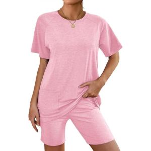Ekouaer Two Piece Sets for Women Summer Outfits 2026 Lounge Set Crew Neck Tshirts Biker Short Sweatsuit with Pocket(Dark Pink)