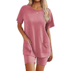 Ekouaer Two Piece Sets for Women Summer Outfits 2026 Lounge Set Crew Neck Tshirts Biker Short Sweatsuit with Pocket(Gray Purple)