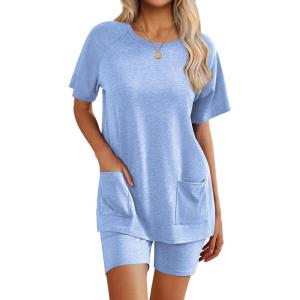 Ekouaer Two Piece Sets for Women Summer Outfits 2026 Lounge Set Crew Neck Tshirts Biker Short Sweatsuit with Pocket(Light Blue)