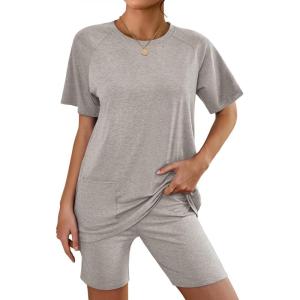 Ekouaer Two Piece Sets for Women Summer Outfits 2026 Lounge Set Crew Neck Tshirts Biker Short Sweatsuit with Pocket(Light Gray)