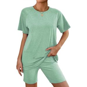 Ekouaer Two Piece Sets for Women Summer Outfits 2026 Lounge Set Crew Neck Tshirts Biker Short Sweatsuit with Pocket(Light Green)
