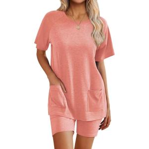 Ekouaer Two Piece Sets for Women Summer Outfits 2026 Lounge Set Crew Neck Tshirts Biker Short Sweatsuit with Pocket(Orange Pink)
