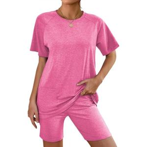 Ekouaer Two Piece Sets for Women Summer Outfits 2026 Lounge Set Crew Neck Tshirts Biker Short Sweatsuit with Pocket(Peach Pink)