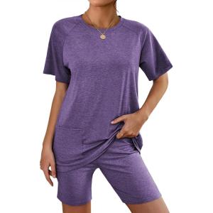 Ekouaer Two Piece Sets for Women Summer Outfits 2026 Lounge Set Crew Neck Tshirts Biker Short Sweatsuit with Pocket(Purple)
