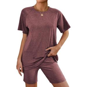 Ekouaer Two Piece Sets for Women Summer Outfits 2026 Lounge Set Crew Neck Tshirts Biker Short Sweatsuit with Pocket(Red)