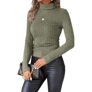 Ekouaer Women Turtleneck Tops Ribbed Long Sleeve Shirts Fall Fashion Base Layer Thermal Winter Clothes(Olive)