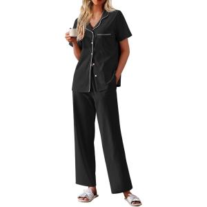 Ekouaer Women’s 100% Cotton Pajamas Set Short Sleeve Button Down Pjs 2 Piece Soft Sleepwear with Long Pants Lounge Set(Black)