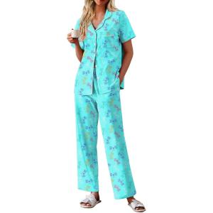 Ekouaer Women’s 100% Cotton Pajamas Set Short Sleeve Button Down Pjs 2 Piece Soft Sleepwear with Long Pants Lounge Set(Butterfly)