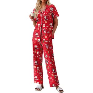 Ekouaer Women’s 100% Cotton Pajamas Set Short Sleeve Button Down Pjs 2 Piece Soft Sleepwear with Long Pants Lounge Set(Christmas Red Santa Claus)