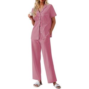 Ekouaer Women’s 100% Cotton Pajamas Set Short Sleeve Button Down Pjs 2 Piece Soft Sleepwear with Long Pants Lounge Set(Dusty Rose)