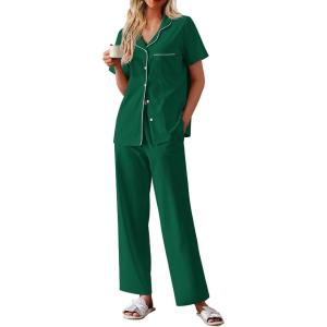 Ekouaer Women’s 100% Cotton Pajamas Set Short Sleeve Button Down Pjs 2 Piece Soft Sleepwear with Long Pants Lounge Set(Green)