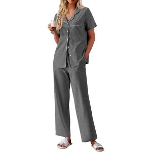 Ekouaer Women’s 100% Cotton Pajamas Set Short Sleeve Button Down Pjs 2 Piece Soft Sleepwear with Long Pants Lounge Set(Grey)