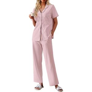 Ekouaer Women’s 100% Cotton Pajamas Set Short Sleeve Button Down Pjs 2 Piece Soft Sleepwear with Long Pants Lounge Set(Pink)