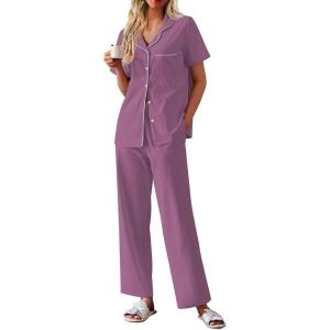 Ekouaer Women’s 100% Cotton Pajamas Set Short Sleeve Button Down Pjs 2 Piece Soft Sleepwear with Long Pants Lounge Set(Purple)