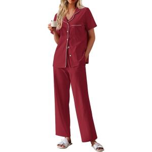 Ekouaer Women’s 100% Cotton Pajamas Set Short Sleeve Button Down Pjs 2 Piece Soft Sleepwear with Long Pants Lounge Set(Wine Red)