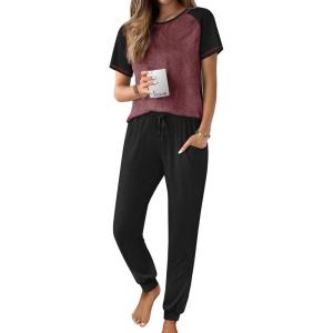 Ekouaer Womens Jogger Pajamas Sets 2 Piece Raglan Short Sleeve Pjs Lounge Set Soft Sleepwear with Pockets S-XXL(Dark Red)