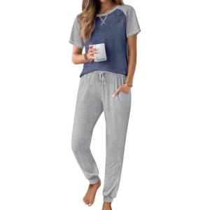 Ekouaer Womens Jogger Pajamas Sets 2 Piece Raglan Short Sleeve Pjs Lounge Set Soft Sleepwear with Pockets S-XXL(Deep Blue)